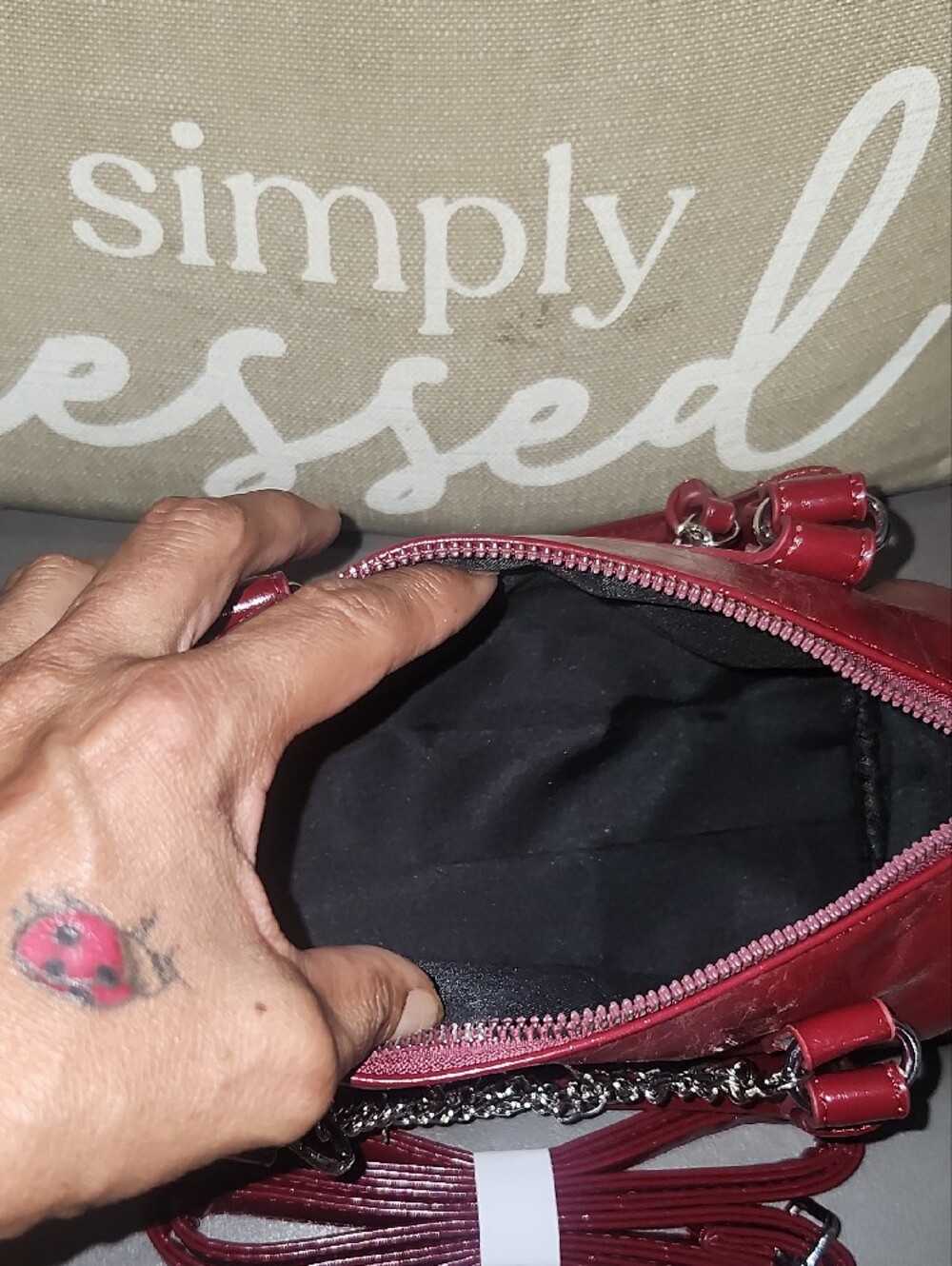 Glossy Vegan Leather Burgundy Dome Satchel/Crossbody Wirh Charm - Picture 11 of 11